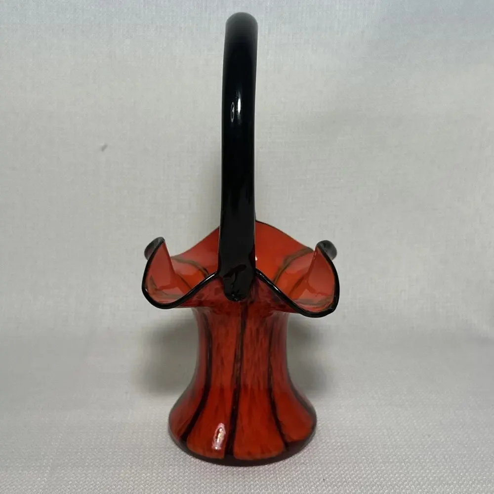 Vintage Czech Tango Art Glass Basket Vase Orange Black